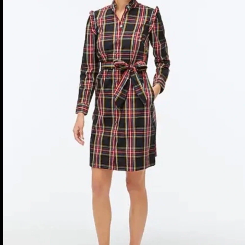J.Crew Plaid Ruffle Collar Shirt Dress Black Red Stewart Tartan Belted 2